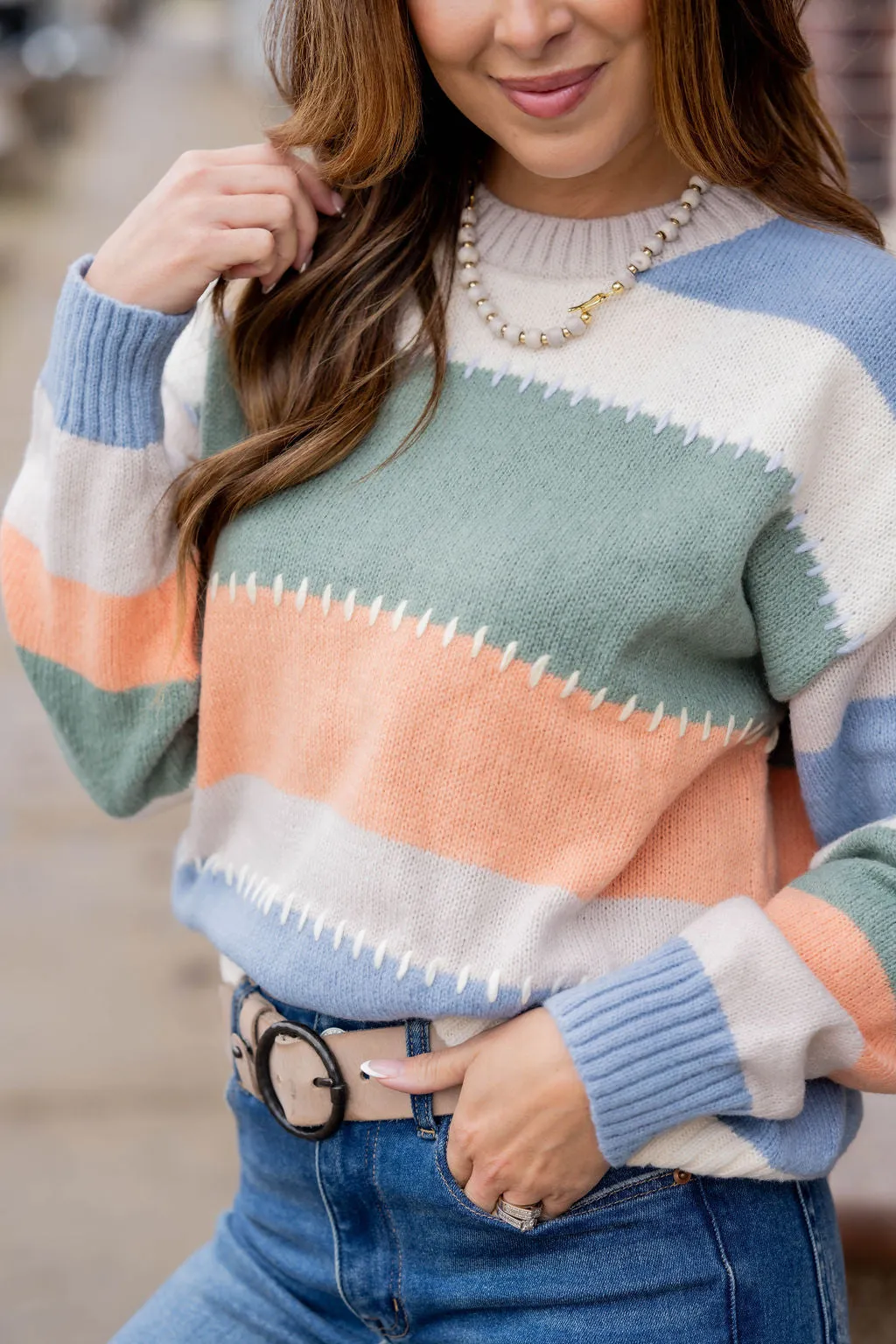 Stitched Accented Color Blocked Sweater