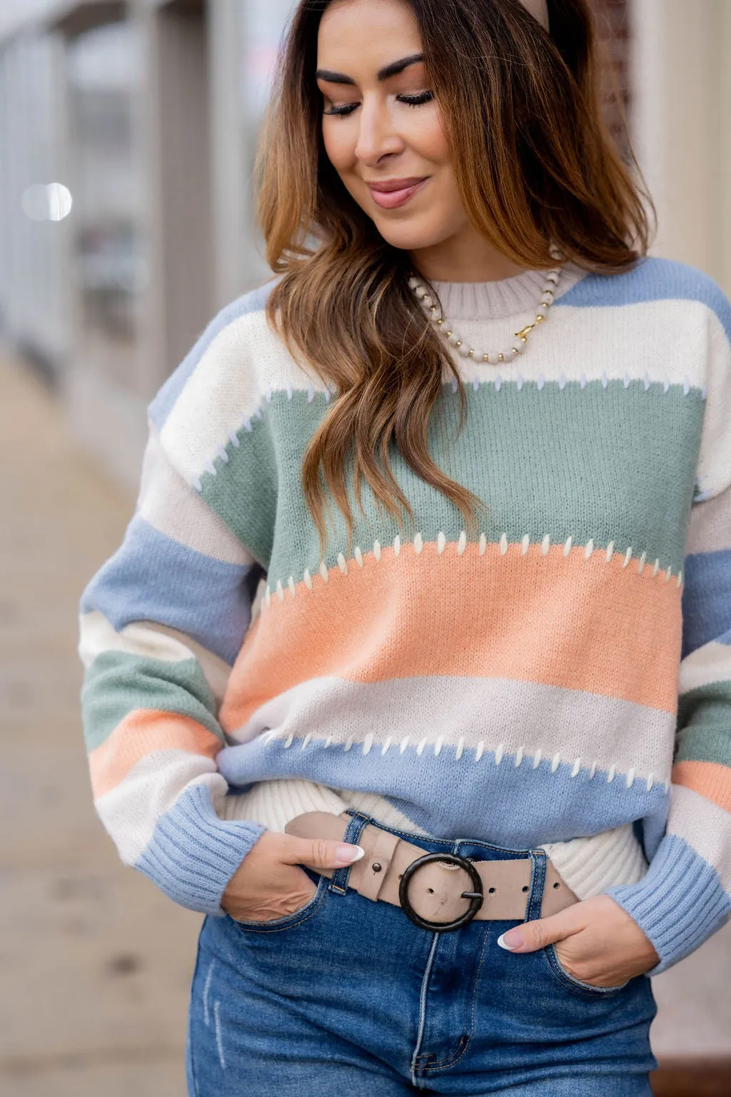 Stitched Accented Color Blocked Sweater