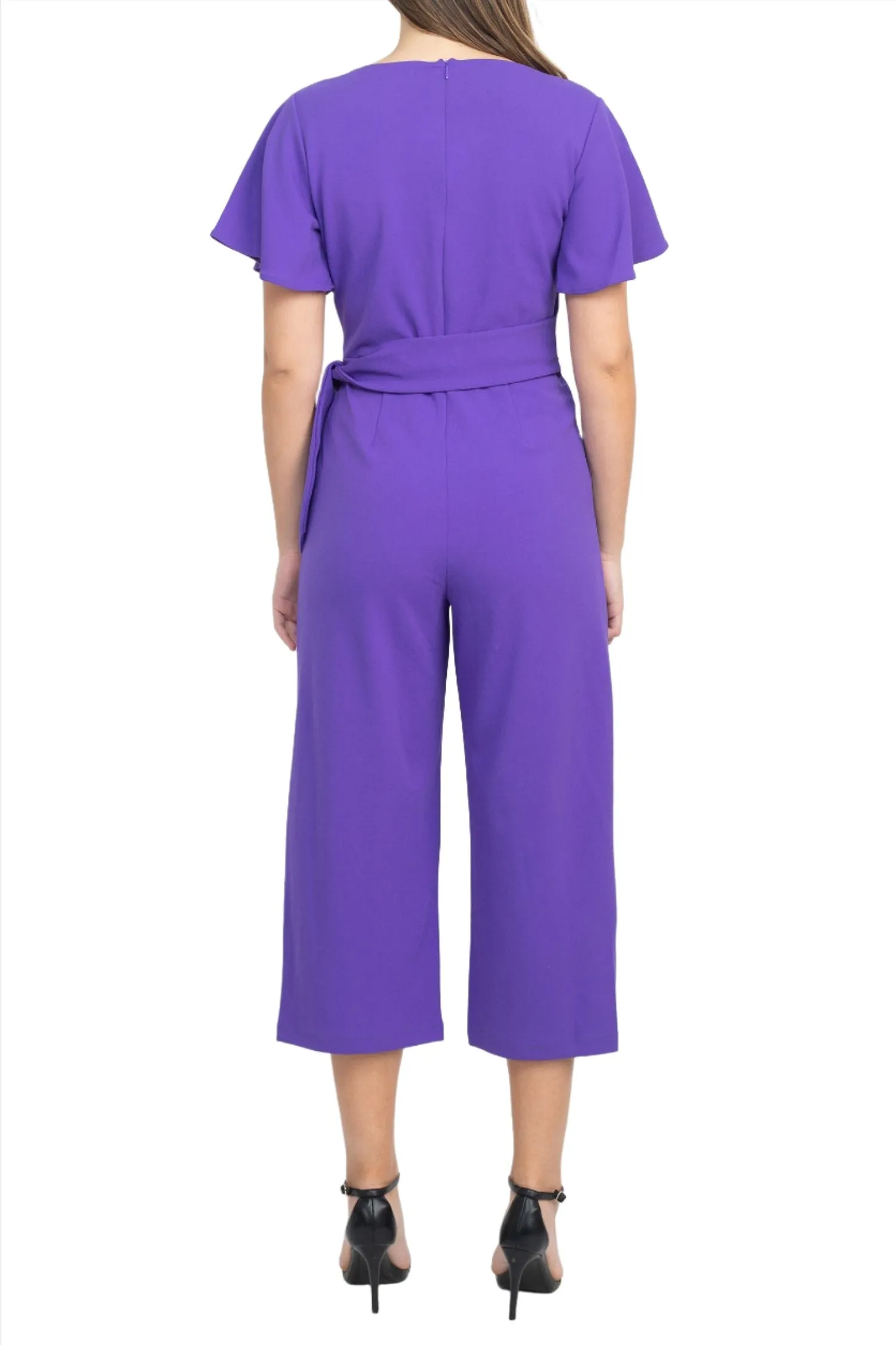 Tahari ASL V-Neck Short Sleeve Tie Side Solid Woven Jumpsuit with Pockets