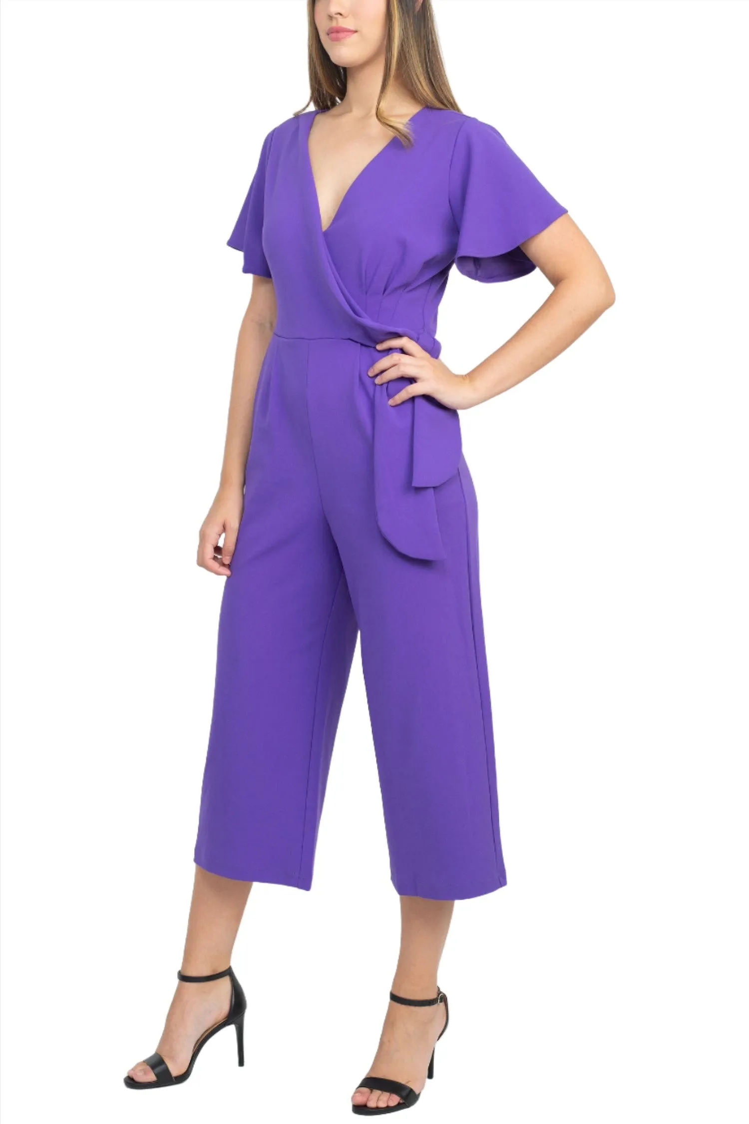 Tahari ASL V-Neck Short Sleeve Tie Side Solid Woven Jumpsuit with Pockets