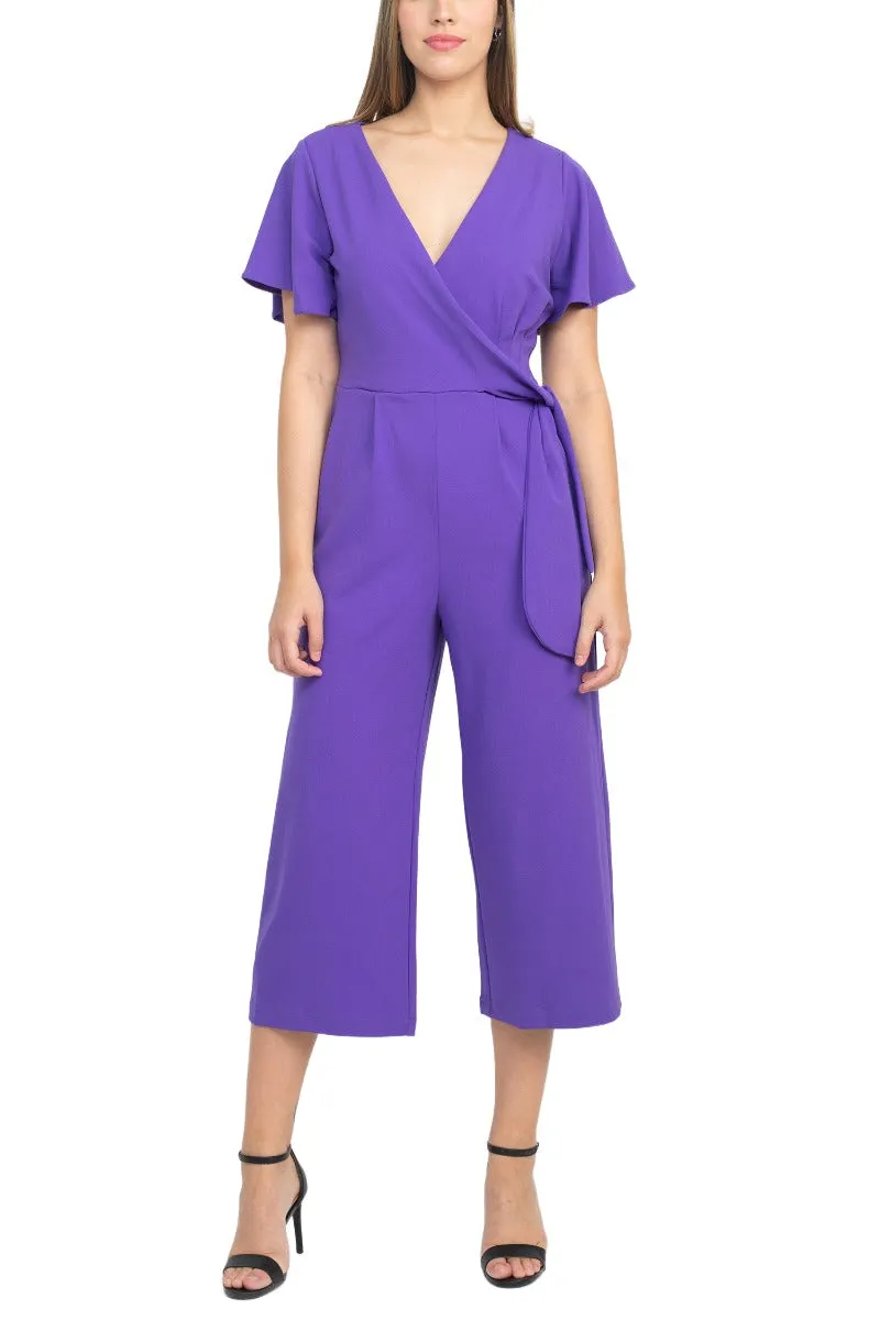 Tahari ASL V-Neck Short Sleeve Tie Side Solid Woven Jumpsuit with Pockets