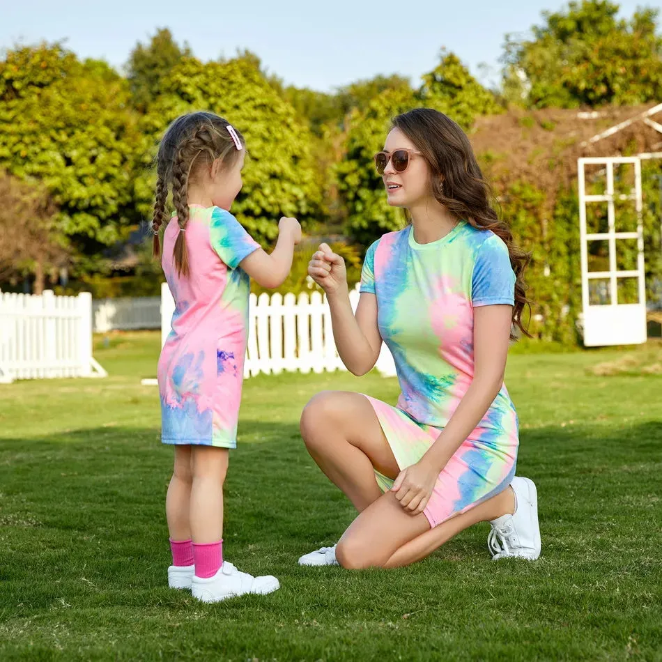 Tie Dye Short-sleeve T-shirt Dress for Mom and Me Baby Jumpsuit