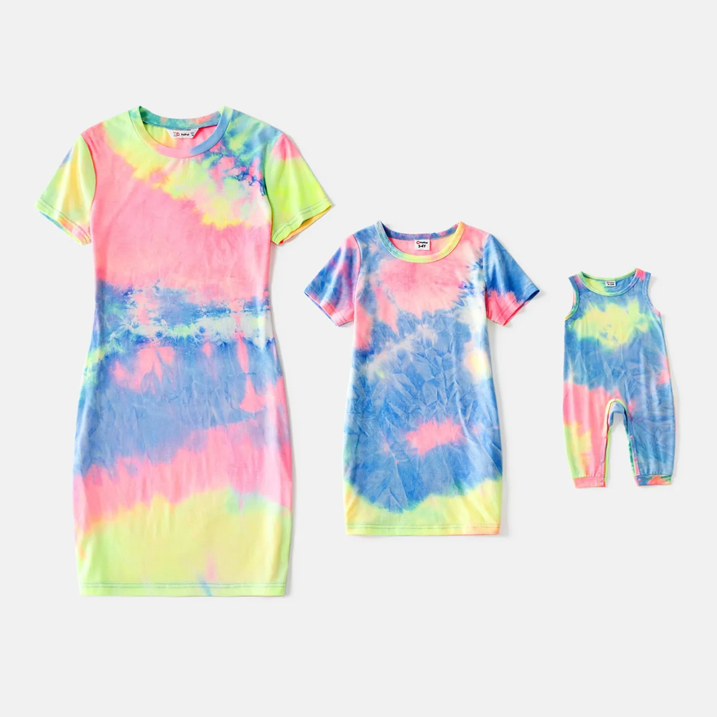 Tie Dye Short-sleeve T-shirt Dress for Mom and Me Baby Jumpsuit