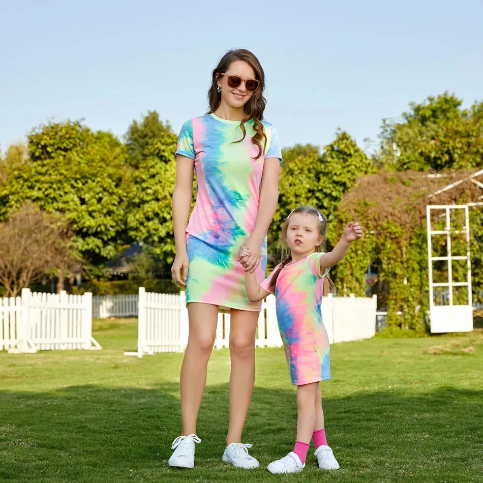 Tie Dye Short-sleeve T-shirt Dress for Mom and Me Baby Jumpsuit