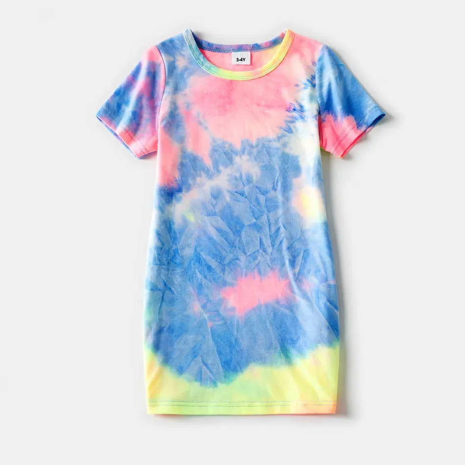 Tie Dye Short-sleeve T-shirt Dress for Mom and Me Baby Jumpsuit