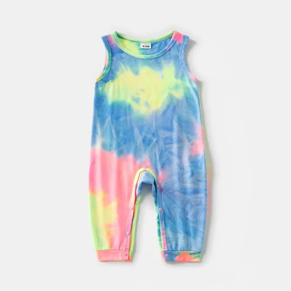 Tie Dye Short-sleeve T-shirt Dress for Mom and Me Baby Jumpsuit