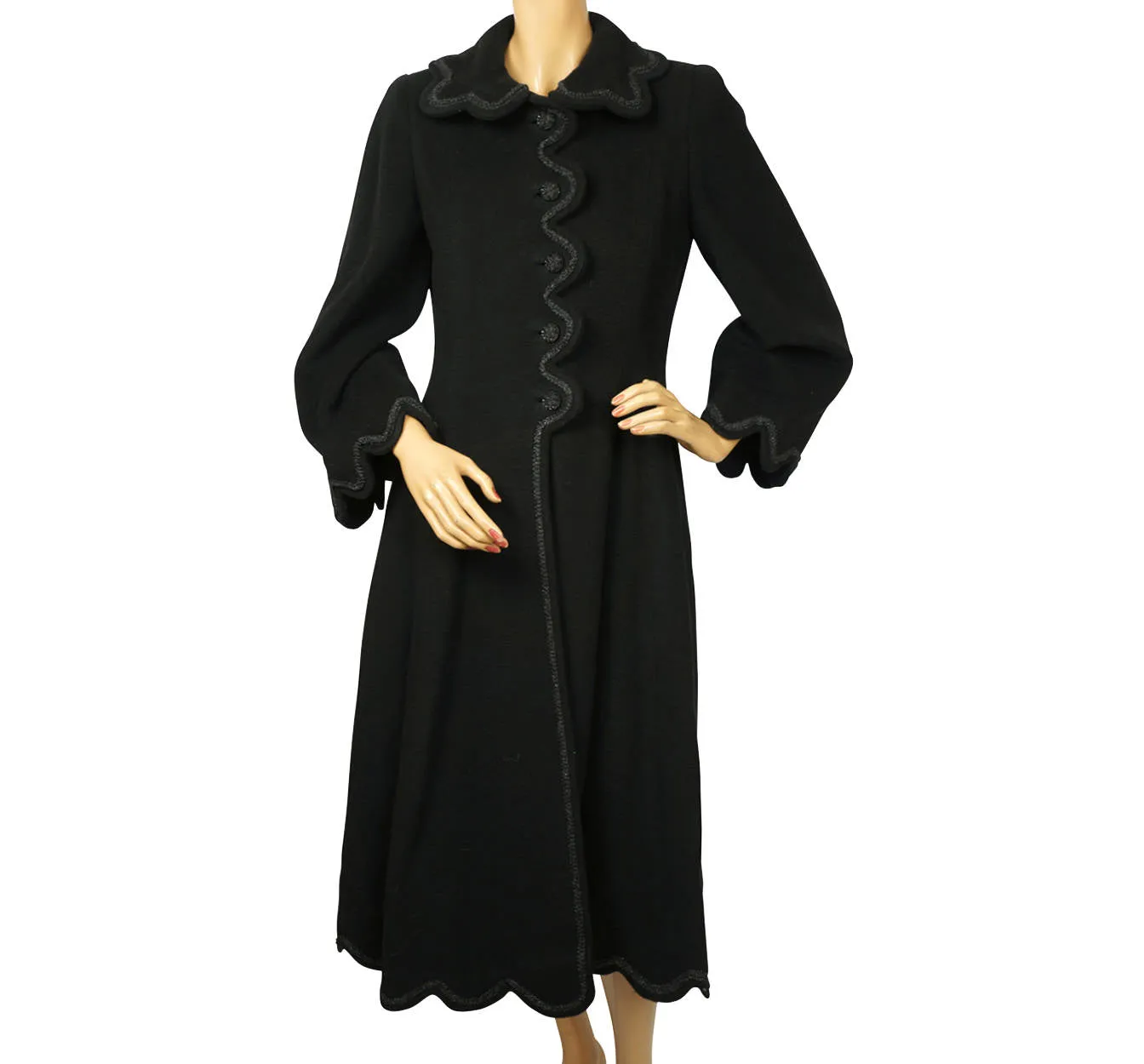 Vintage 1950s Black Wool Coat Haute Couture Frank Oujezdsky Montreal Ladies S