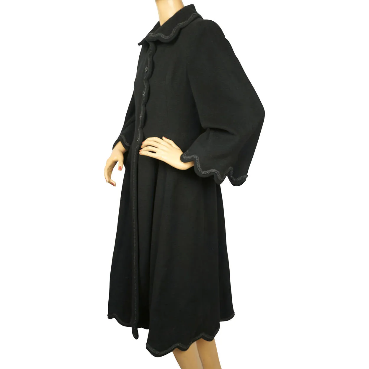 Vintage 1950s Black Wool Coat Haute Couture Frank Oujezdsky Montreal Ladies S