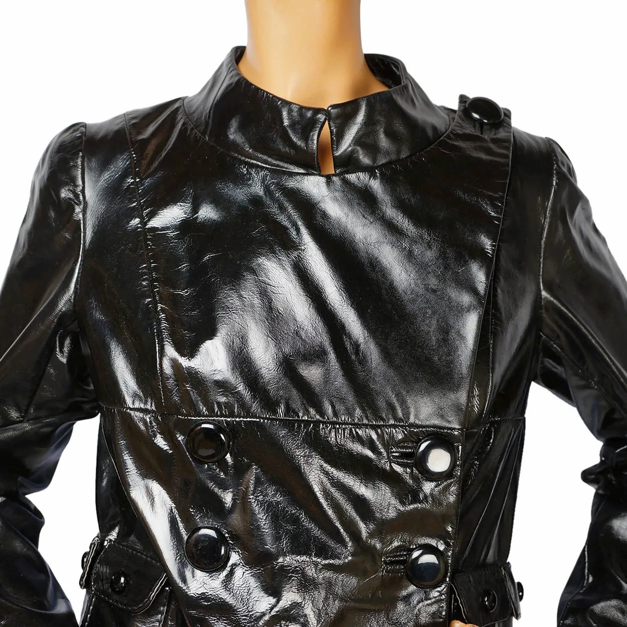 Vintage 1960s Mod Black Patent Leather Coat Holt Renfrew Made in Italy Size S M