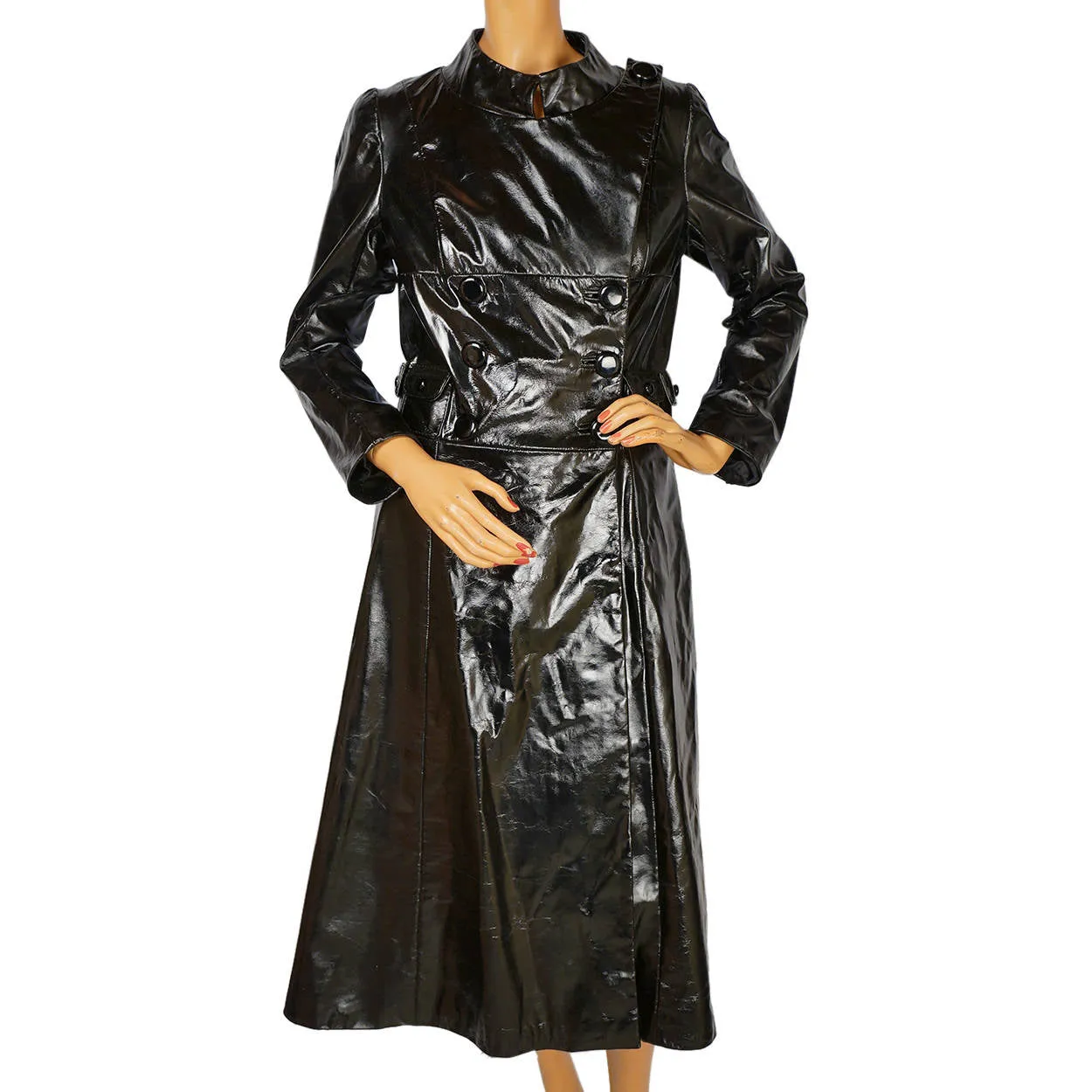 Vintage 1960s Mod Black Patent Leather Coat Holt Renfrew Made in Italy Size S M