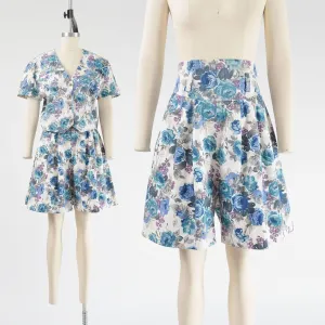 Vintage 90s Floral Shirt and Culottes Shorts Two Piece Matching Set White Blue size M