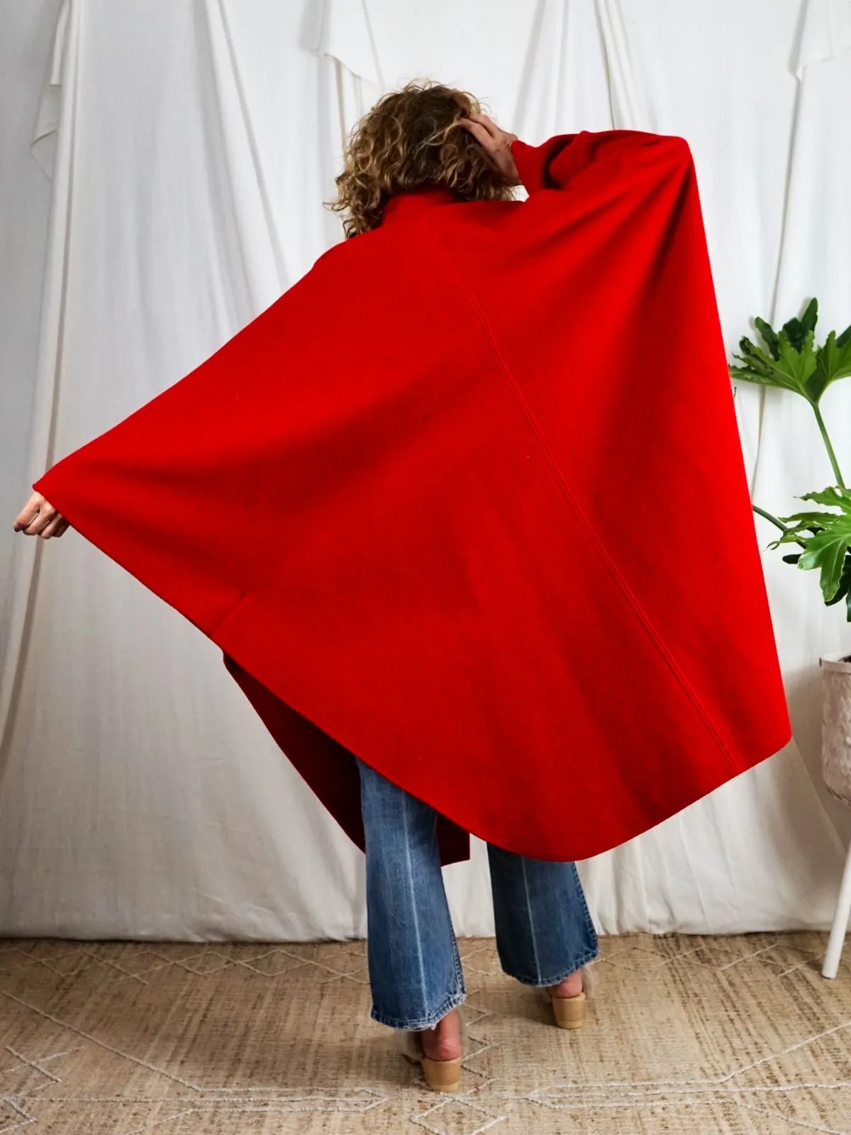 Vintage Lipstick Red Pleated Wool Cape