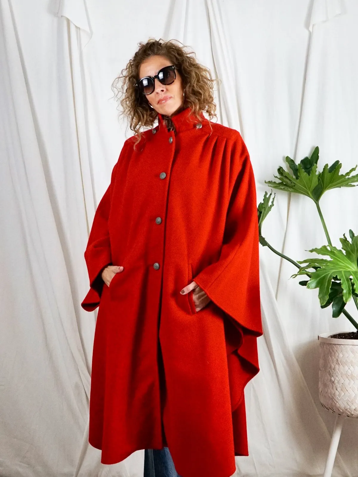 Vintage Lipstick Red Pleated Wool Cape