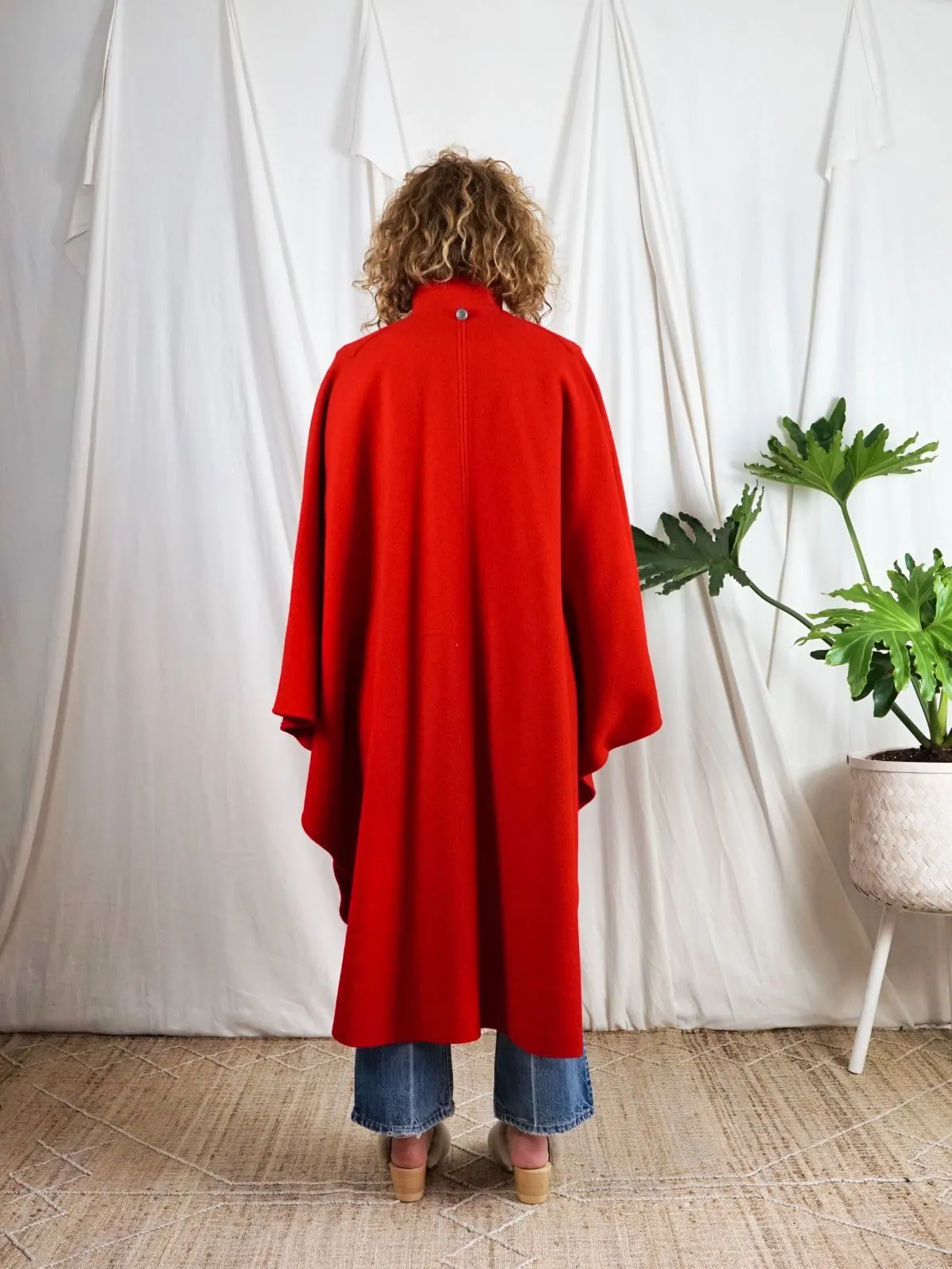 Vintage Lipstick Red Pleated Wool Cape