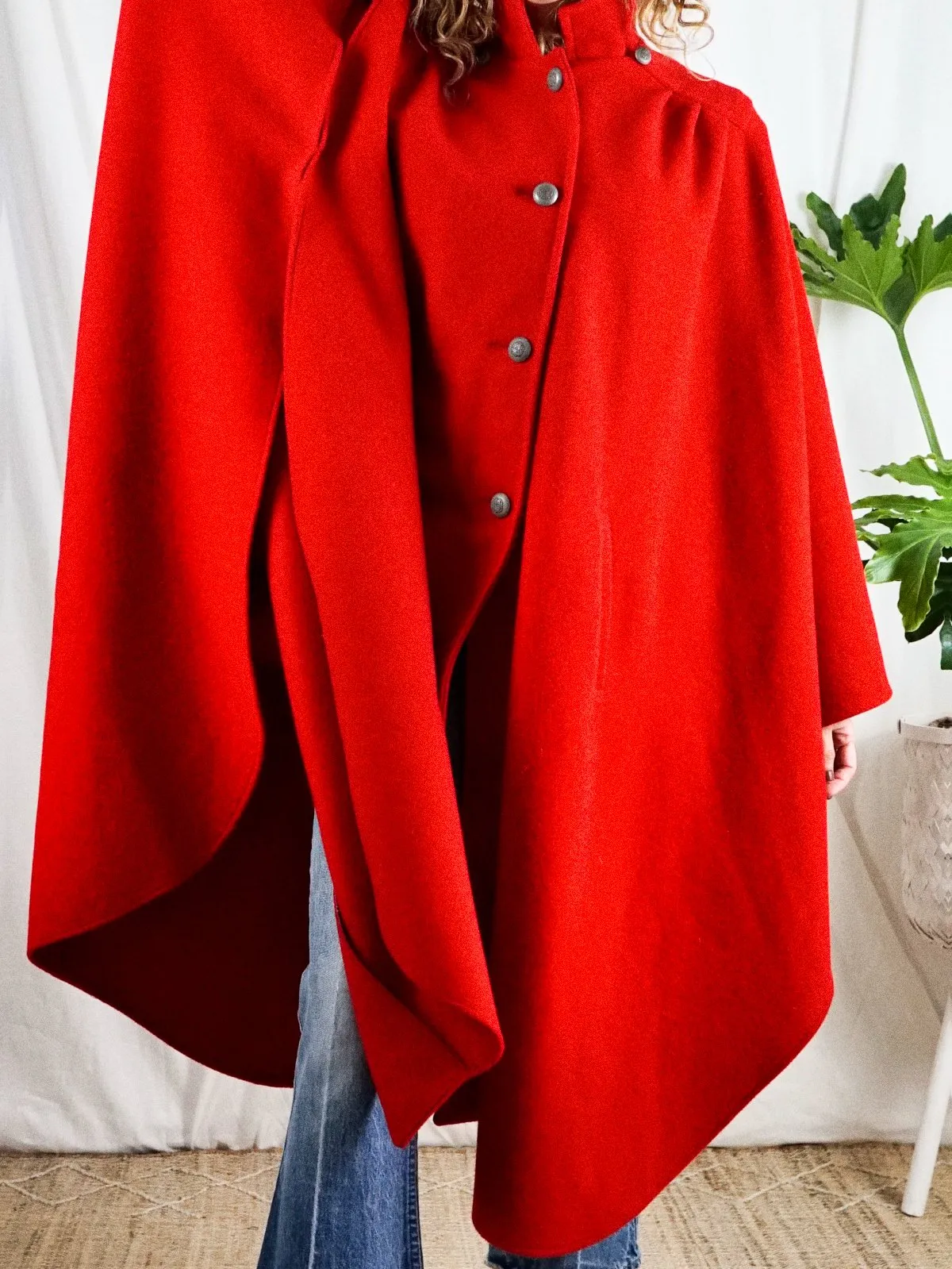 Vintage Lipstick Red Pleated Wool Cape