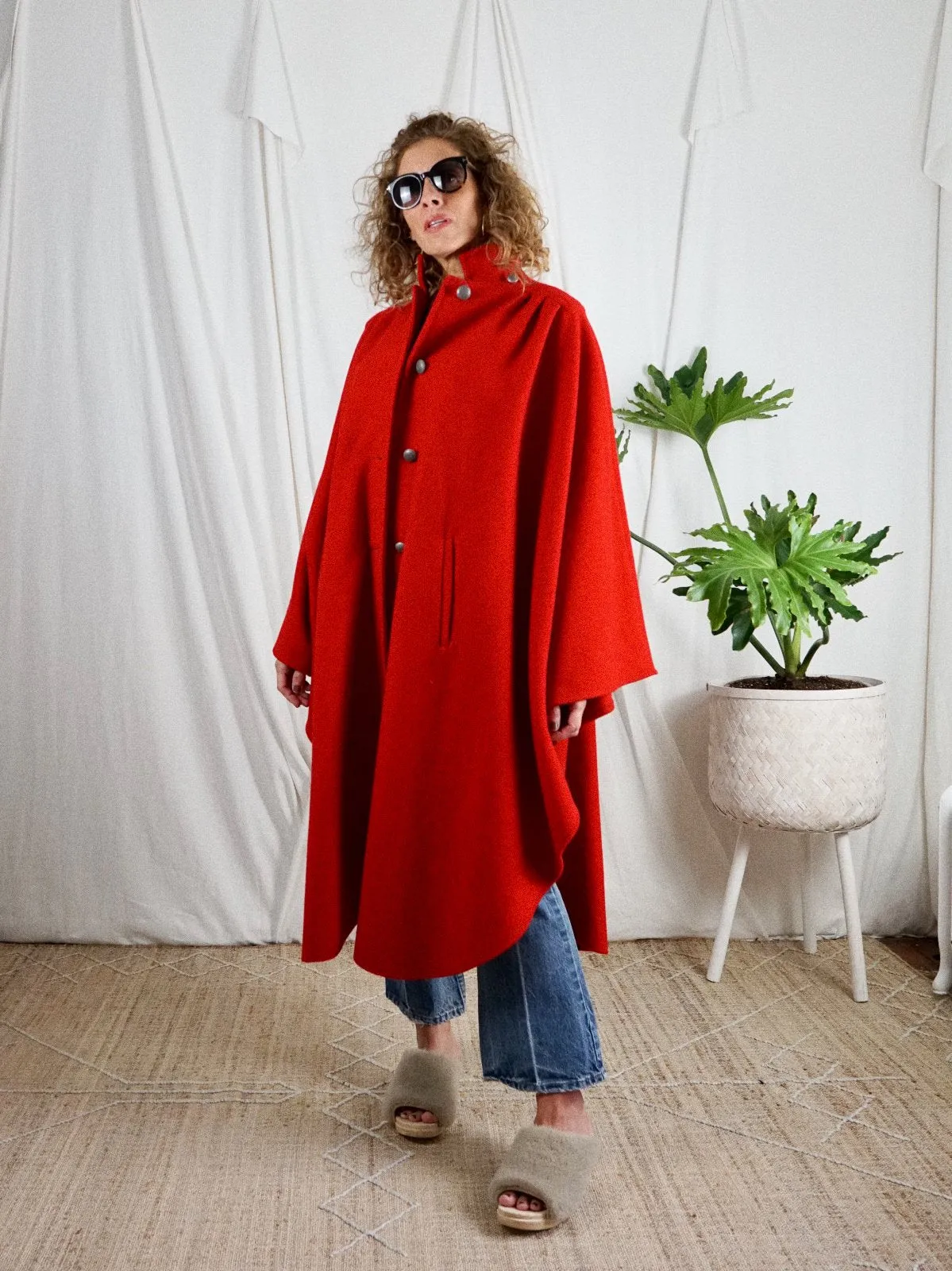 Vintage Lipstick Red Pleated Wool Cape