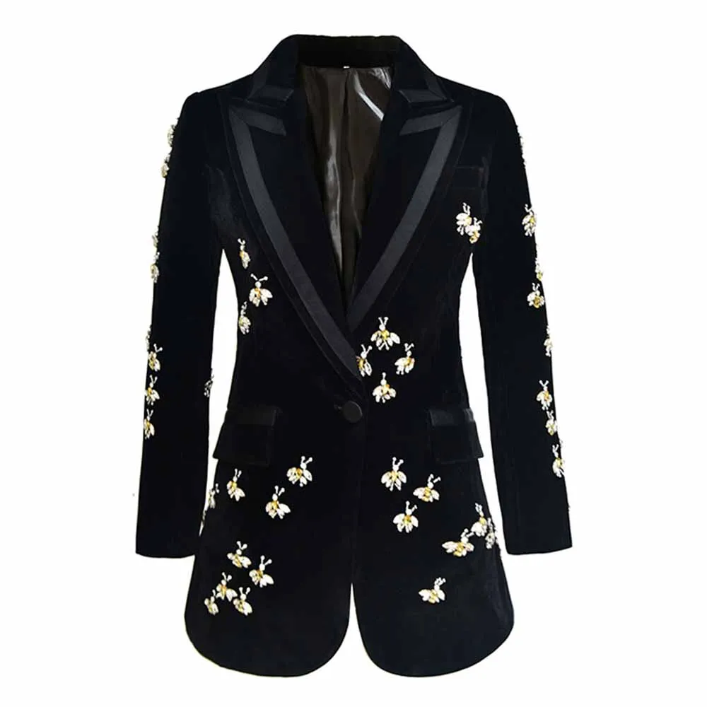 Women Black Diamond-studded blazer Crystal Cashmere Jacket