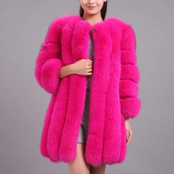 Women chunky open front solid color faux fur coat