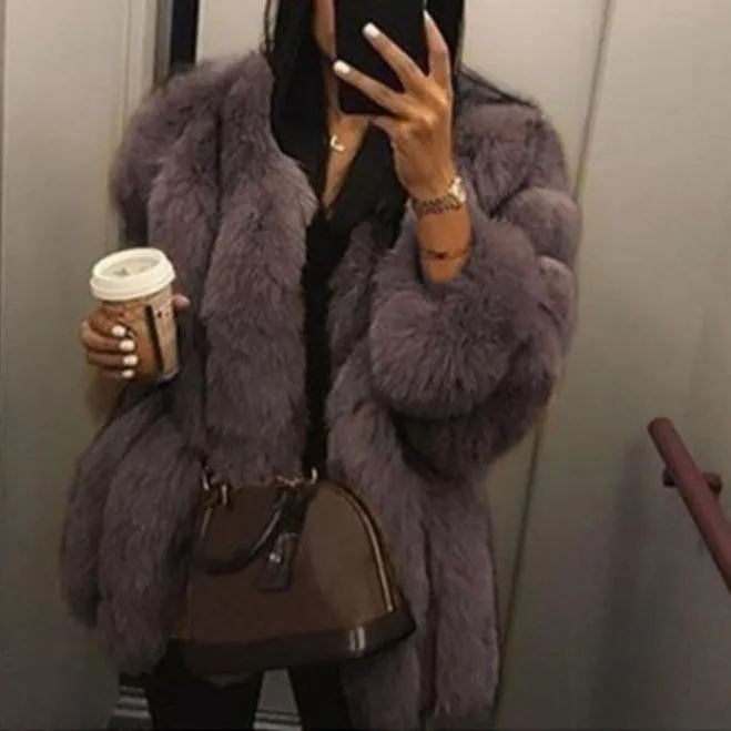 Women chunky open front solid color faux fur coat