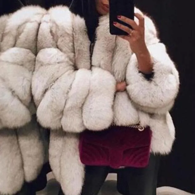 Women chunky open front solid color faux fur coat