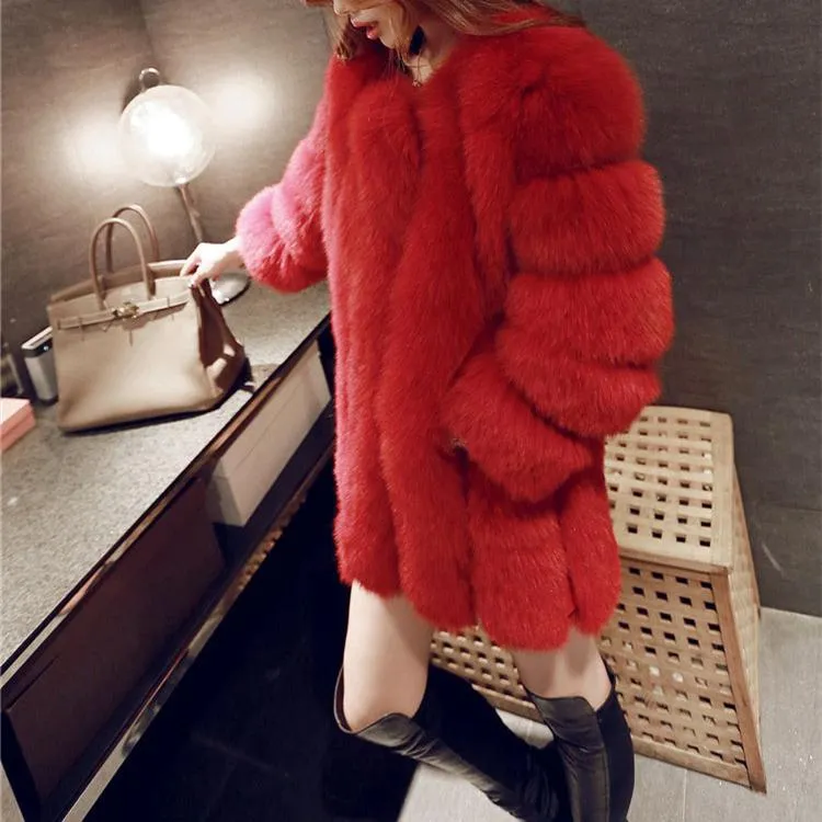 Women chunky open front solid color faux fur coat