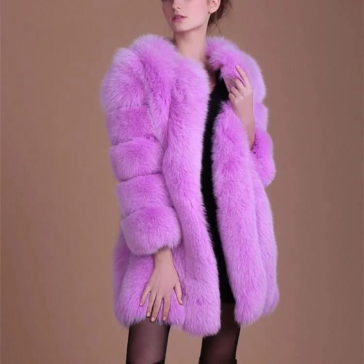 Women chunky open front solid color faux fur coat