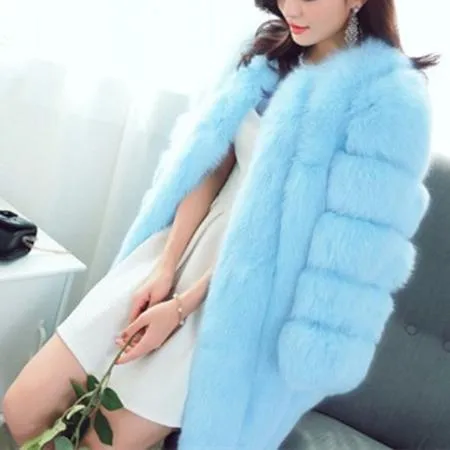 Women chunky open front solid color faux fur coat