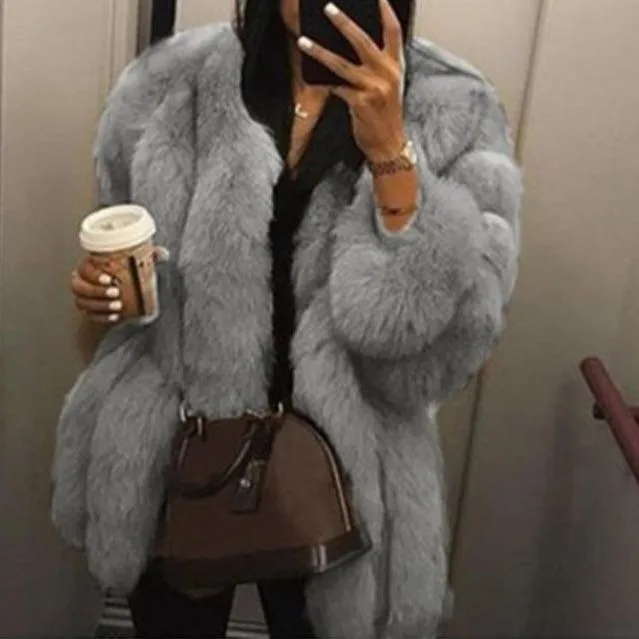 Women chunky open front solid color faux fur coat