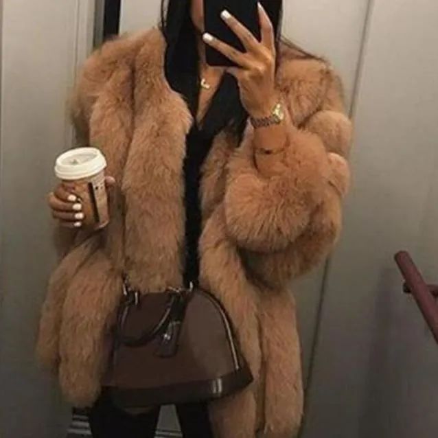 Women chunky open front solid color faux fur coat