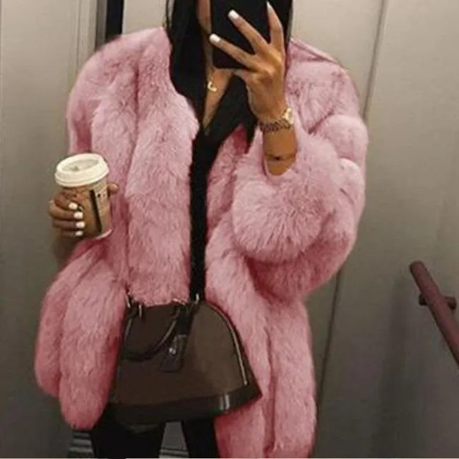 Women chunky open front solid color faux fur coat