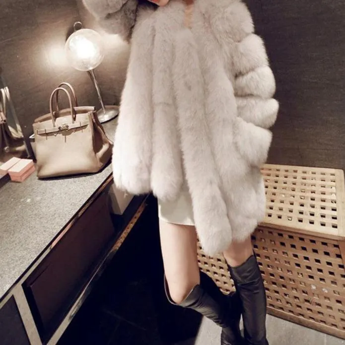 Women chunky open front solid color faux fur coat