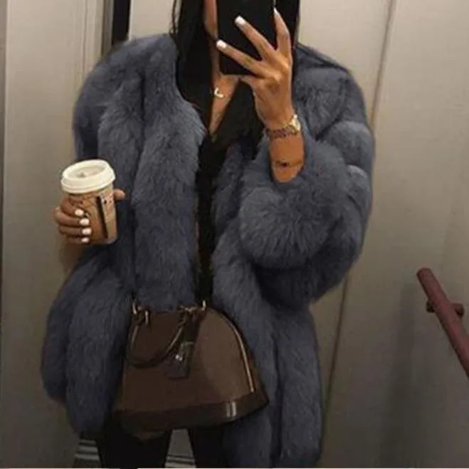 Women chunky open front solid color faux fur coat