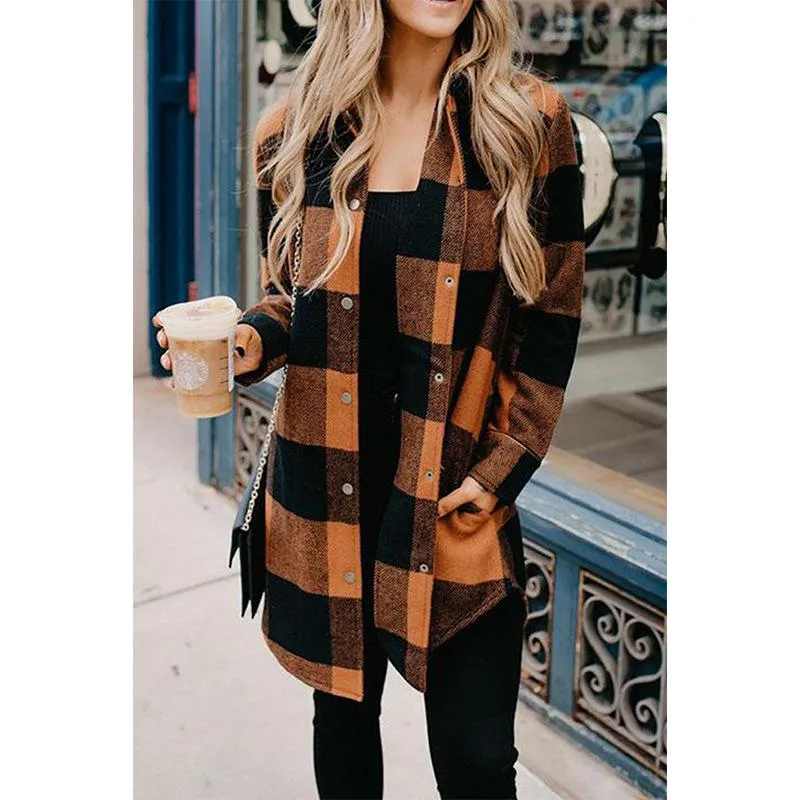 Women color block long sleeve tops lightweight plaid coat