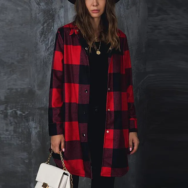 Women color block long sleeve tops lightweight plaid coat