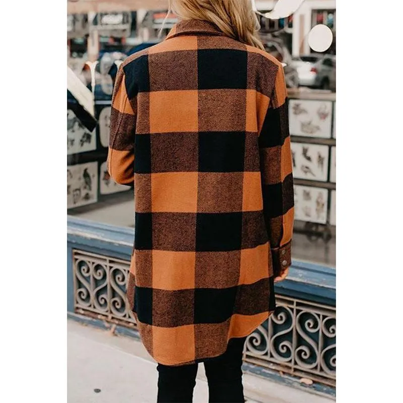 Women color block long sleeve tops lightweight plaid coat