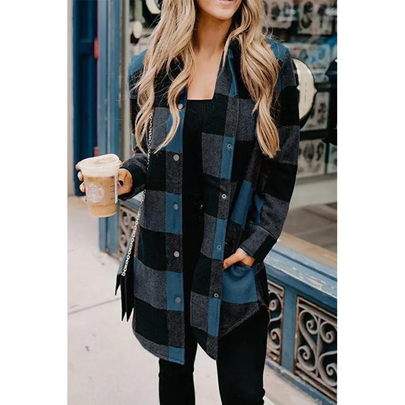 Women color block long sleeve tops lightweight plaid coat