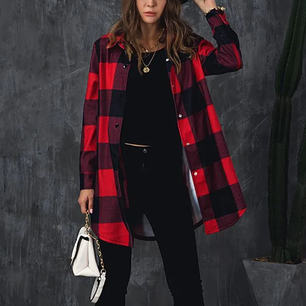 Women color block long sleeve tops lightweight plaid coat