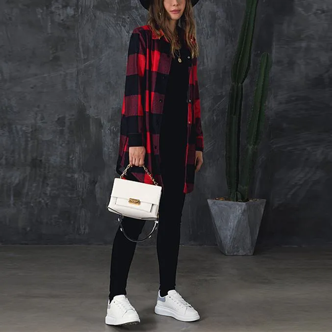 Women color block long sleeve tops lightweight plaid coat