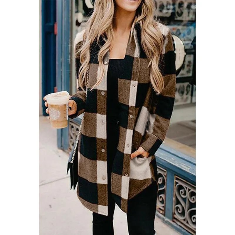 Women color block long sleeve tops lightweight plaid coat