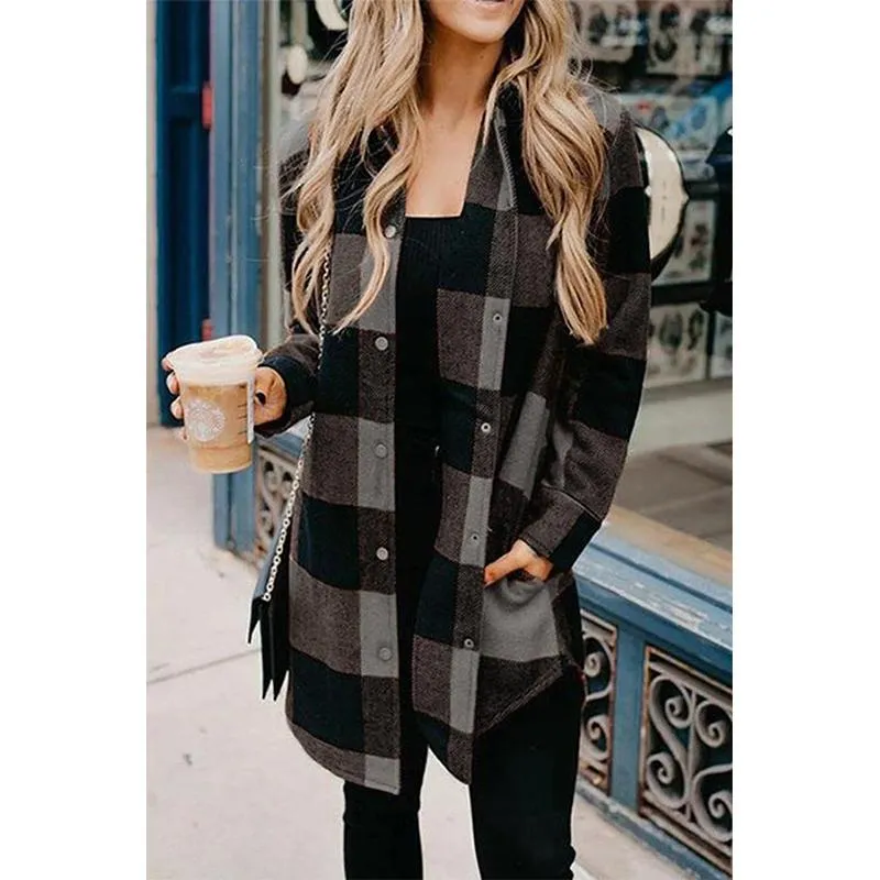 Women color block long sleeve tops lightweight plaid coat