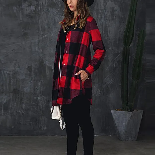 Women color block long sleeve tops lightweight plaid coat