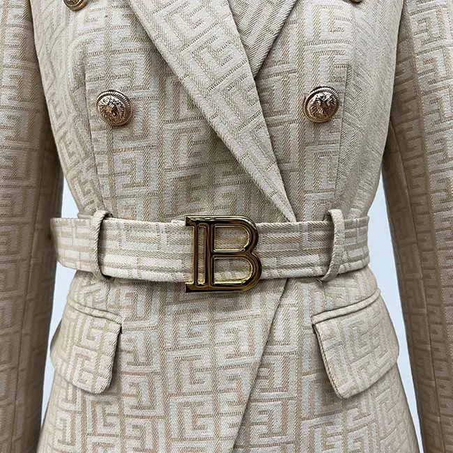 Women Double Breasted Gold Embossed Buttons belted Khaki blazer