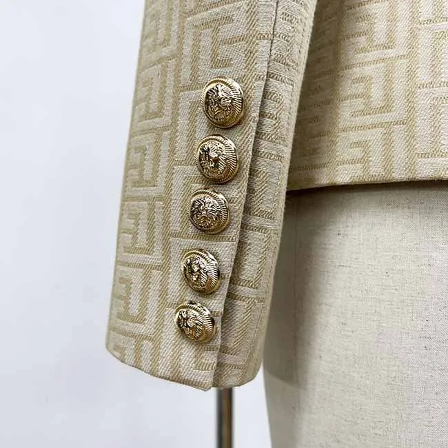 Women Double Breasted Gold Embossed Buttons belted Khaki blazer