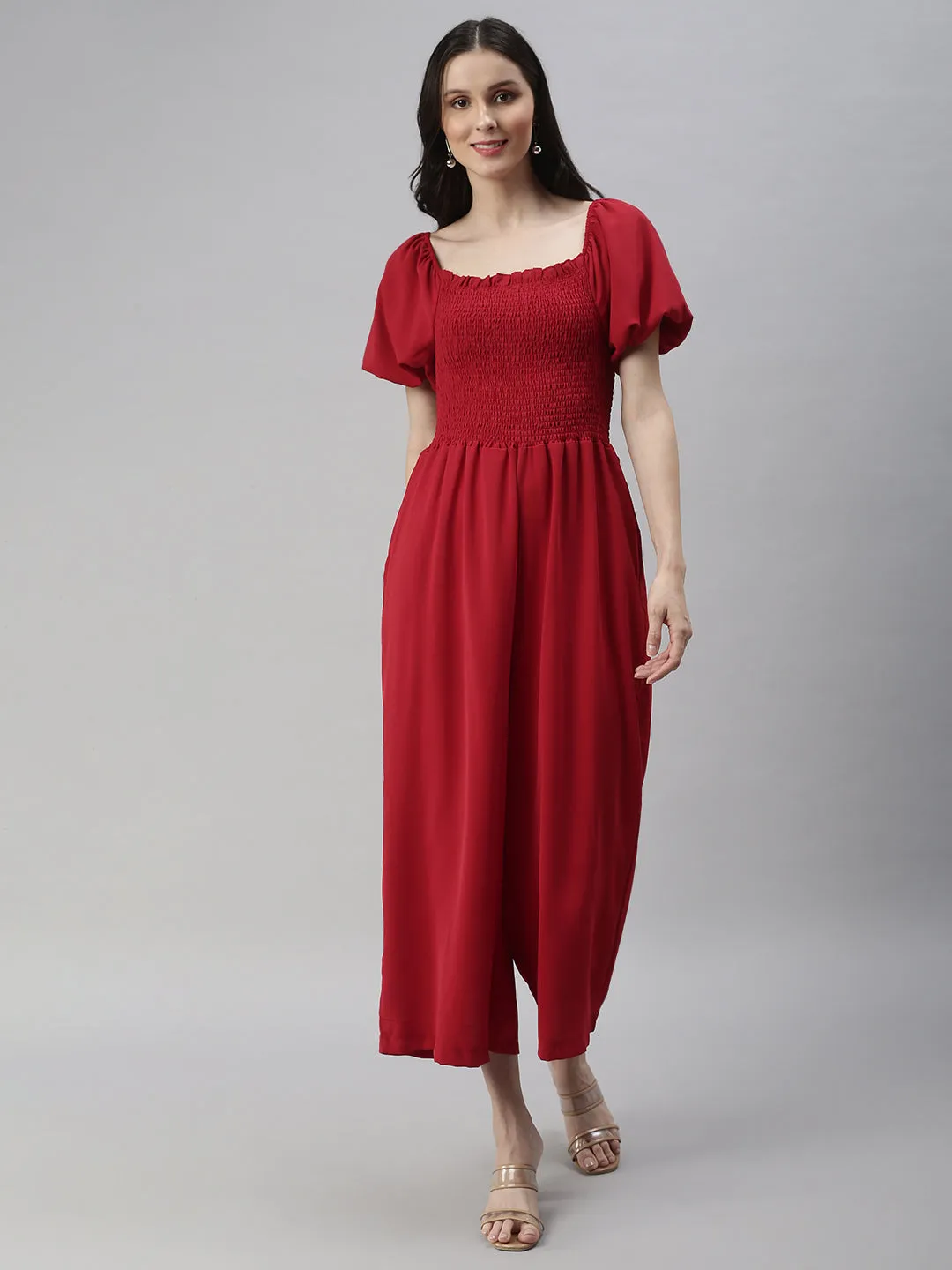 Women Off-Shoulder Solid Red Culotte Jumpsuit