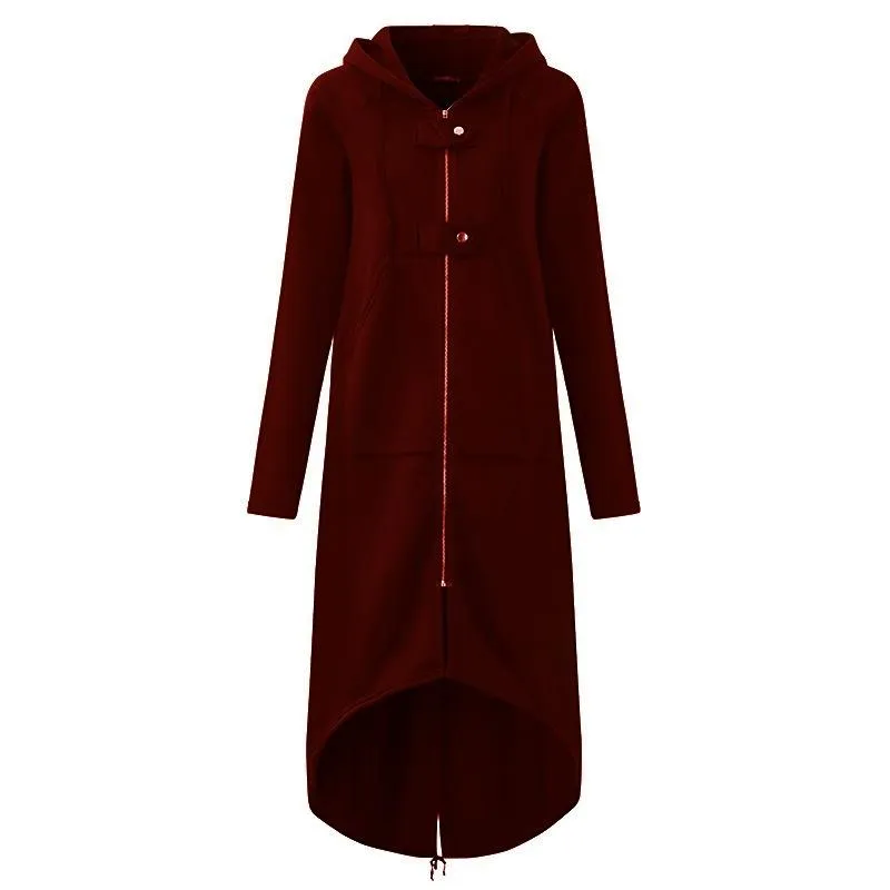 Women winter long zipper button hooded duster coat