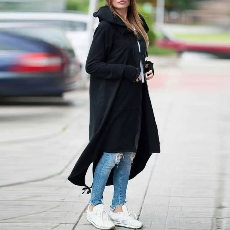 Women winter long zipper button hooded duster coat