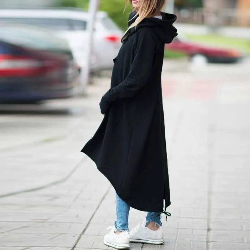 Women winter long zipper button hooded duster coat