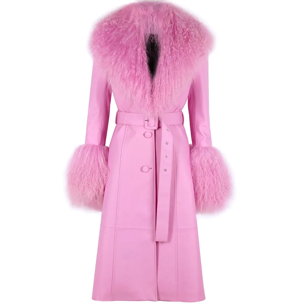 Women's Belted Leather Sheep Fur Trench Coat