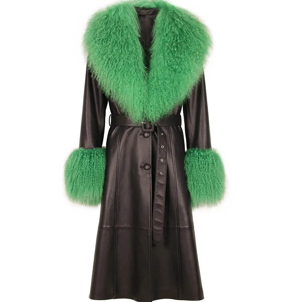 Women's Belted Leather Sheep Fur Trench Coat