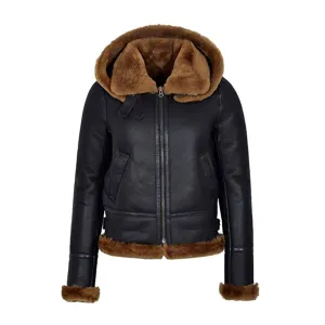 WOMENS BLACK HOODED B3 FLYING SHEARILING JACKET